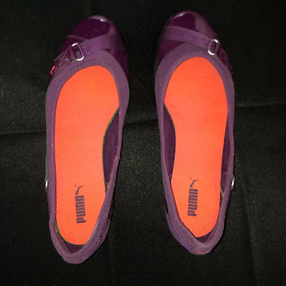Purple patent puma flats